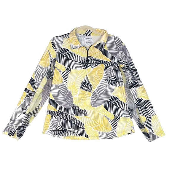 IBKUL Golf Tennis Shirt Top L Vented Mesh Long Sleeve Collar Yellow Black Palms - Picture 1 of 6